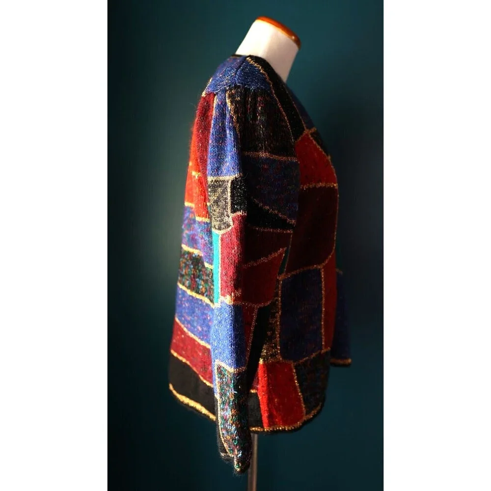 Vintage 80s Deadstock Career Fashion Color Block Mohair Metallic Funky Cardigan